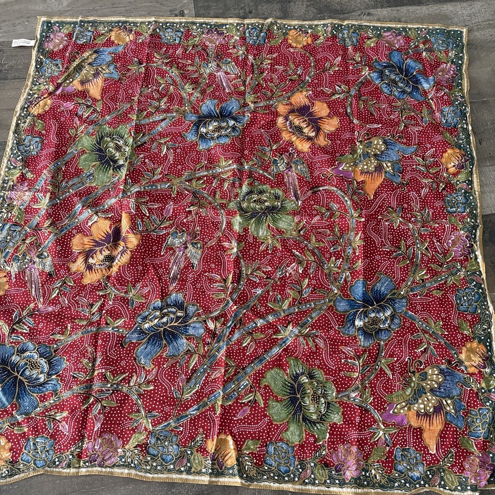 Echo Womens Cotton Square Scarf vintage Japan Flowers Birds Red Polka dots